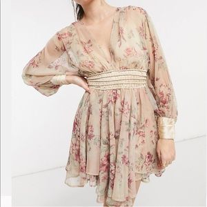 ASOS Design Mini Dress with Smocked Satin Waist and Lace Up Back in Floral Print